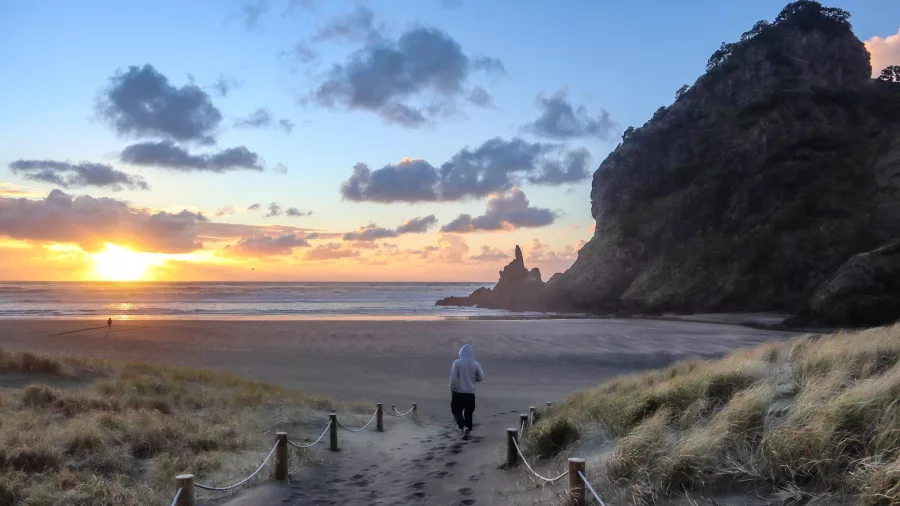 Panoramic view of Piha Beach with black sand, surf, and Lion Rock on New Zealand’s wild west coast