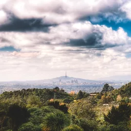 Auckland skyline and volcano seen from Waitākere Ranges