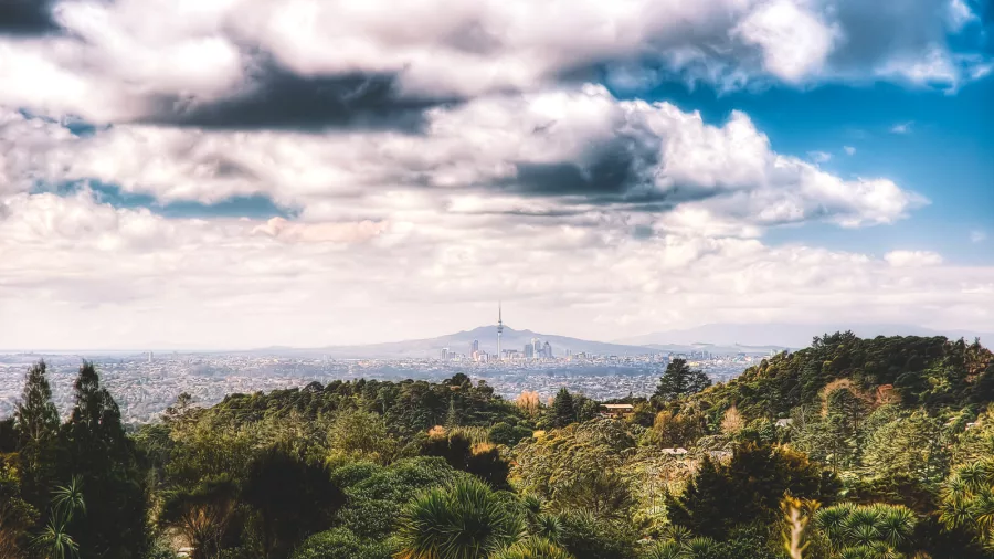 Auckland skyline and volcano seen from Waitākere Ranges