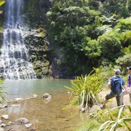 Couple admiring the beauty of Karekare Falls surrounded by lush native bush