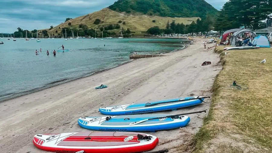 SUP boards resting on the sand at Pilot Bay with Mauao in the background
