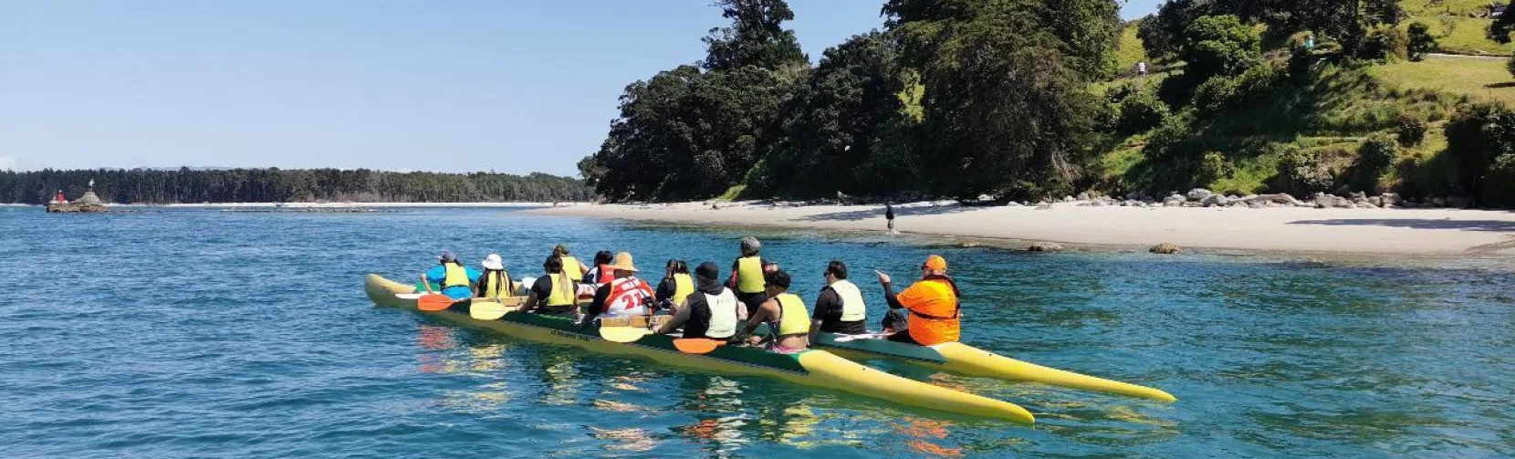 Waka ama team paddling toward a beach in Tauranga Harbour with forested hills in the background
