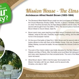 Informational sign about the Elms Mission House and its historical significance in Tauranga