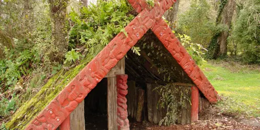 Traditional Māori carved whare with red whakairo patterns at Buried Village