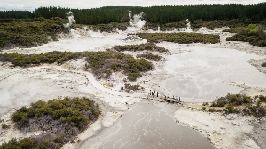 Aerial view of the geothermal valley and walking trails at Hell’s Gate Rotorua.