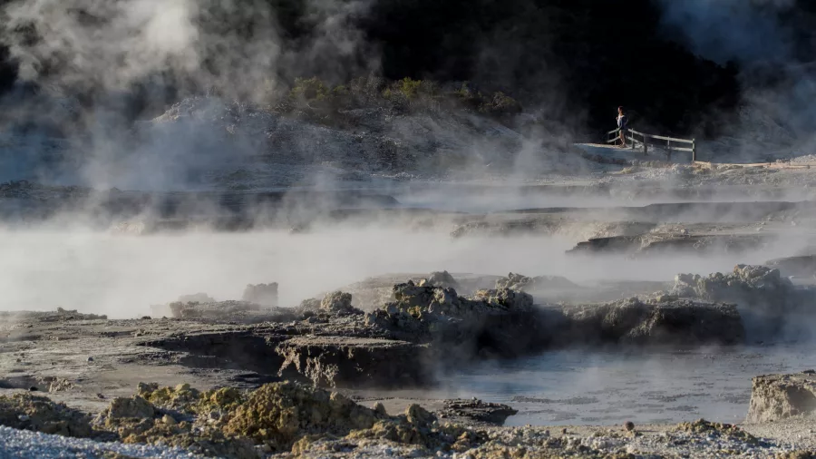 Steam rises from geothermal formations at Hell’s Gate Geothermal Walk in Rotorua.