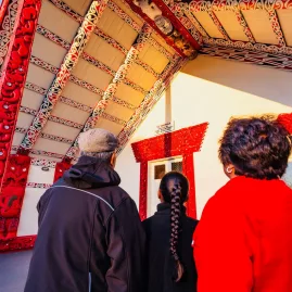 Visitors admiring intricate Māori carvings at a marae during a Kahukiwi cultural tour in Rotorua.