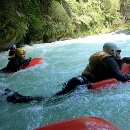 Sledgers powering through a white-water rapid in the Kaituna River near Rotorua.