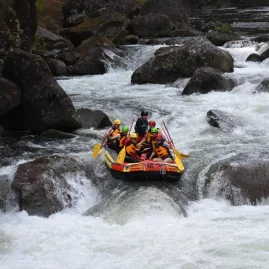 Group rafting through boulder gardens on the Wairoa River with Kaituna Cascades.