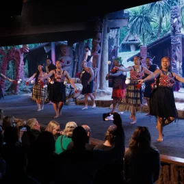 Māori performers dancing with poi on stage at Mitai Māori Village in Rotorua.