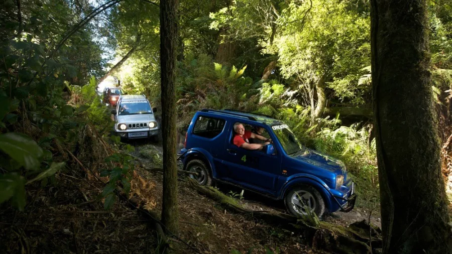 4WD vehicles navigating a rugged forest trail during Off Road NZ’s adventure experience in Rotorua.