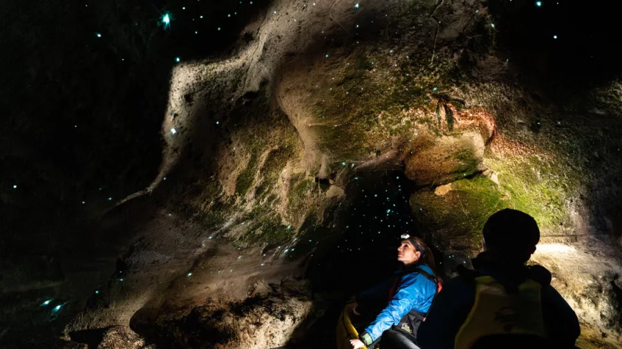 Close-up of kayaker gazing at glowing cave ceiling during a glow worm tour in Rotorua.