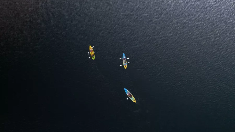 Aerial view of three kayaks paddling across the dark waters of Lake Okareka.