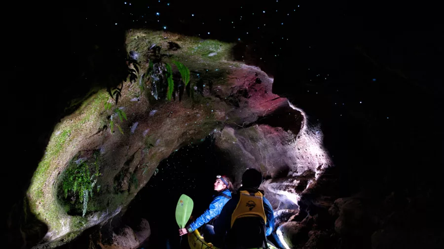 Kayakers entering a glow worm-lit cave during a night tour on Lake Okareka, Rotorua.