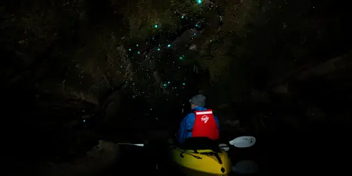 Kayaker in yellow kayak inside a glow worm cave near Rotorua, lit by bioluminescent light.