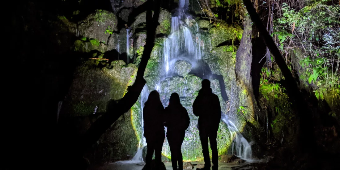 Silhouetted figures at a waterfall illuminated by torchlight on a night walk.