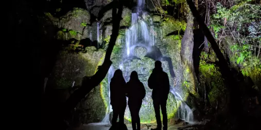 Silhouetted figures at a waterfall illuminated by torchlight on a night walk.