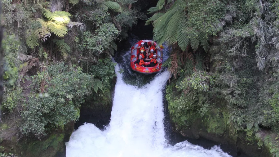 Raft descending the 7-metre Tutea Falls on the Kaituna River with River Rats.