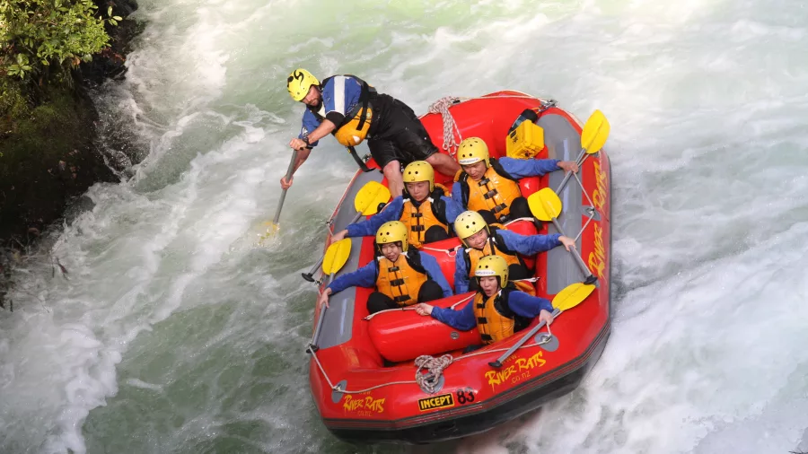 River Rats rafting crew preparing to descend Tutea Falls on the Kaituna River in Rotorua.