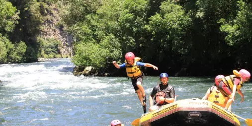Children jumping off a River Rats raft into the Lower Rangitāiki River during a family rafting adventure.