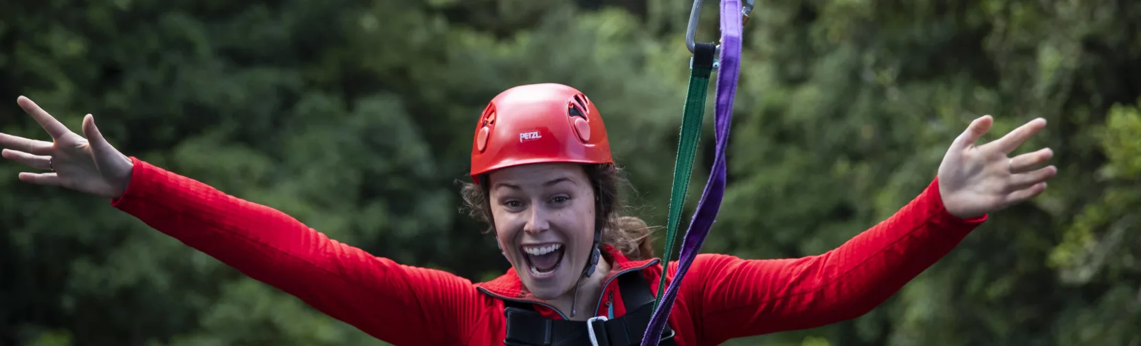 Tour guest enjoys thrilling zipline ride with arms outstretched in Rotorua’s native forest canopy adventure