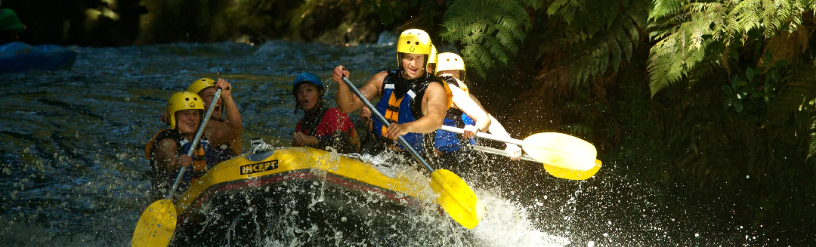 Rafting group powering through white water beneath lush native bush in Rotorua