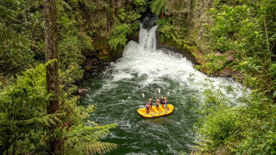 Raft floating in pool below Tutea Falls on the Kaituna River