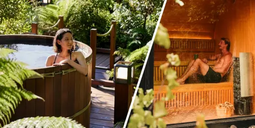 Guest relaxing in a Rotorua forest hot tub beside a private sauna at Secret Spot Soak and Steam