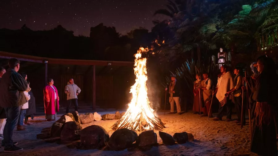 Visitors and performers gathered around a blazing bonfire under the night sky at Te Pā Tū