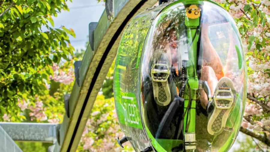 Two Shweeb pods seen from the front with riders pedalling hard in Rotorua