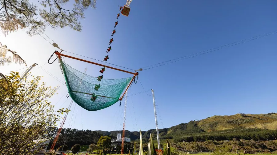 A sequence shot of a rider freefalling onto the Vertigo net in Rotorua