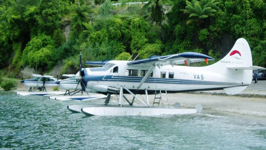 Volcanic Air floatplanes parked along the shores of Lake Tarawera, surrounded by lush native forest