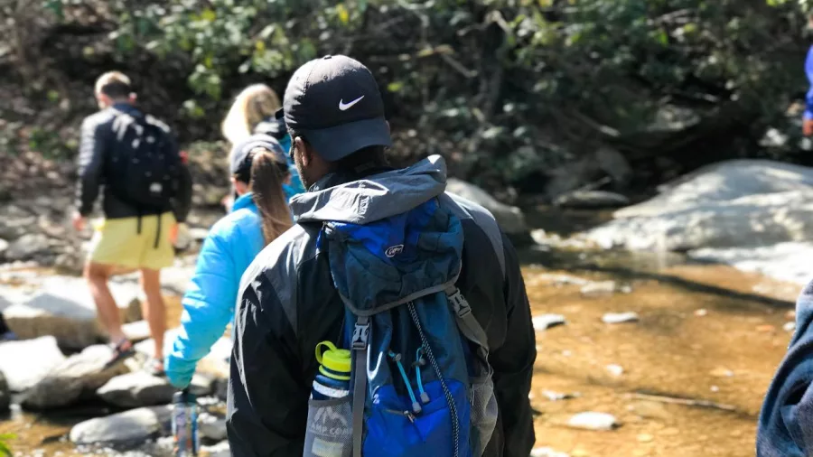Group hiking alongside a stream en route to Tarawera Falls