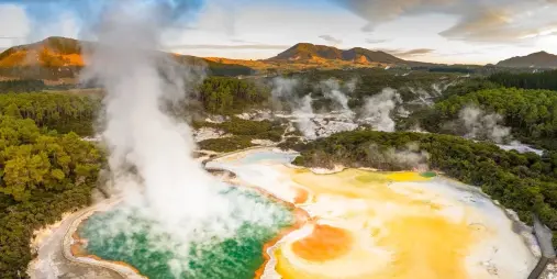 Panoramic view of Champagne Pool and surrounding geothermal landscape at Wai-O-Tapu