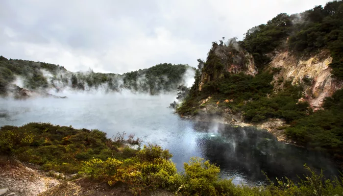 Steam rising from Frying Pan Lake surrounded by forested cliffs in Waimangu Volcanic Valley
