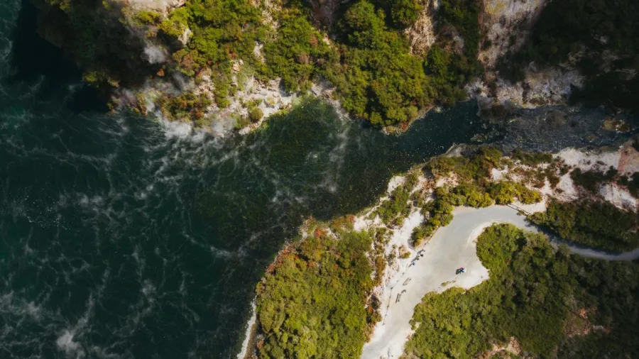 Aerial view of Waimangu Volcanic Valley and Lake Rotomahana