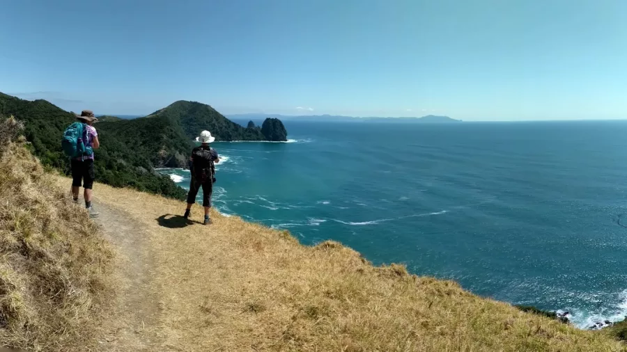 Hikers standing on a coastal trail with dramatic views over the Pacific Ocean