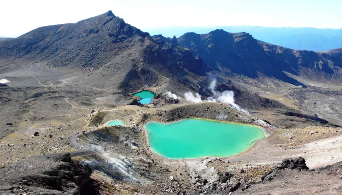 Panoramic view of the Emerald Lakes surrounded by volcanic terrain in Tongariro National Park