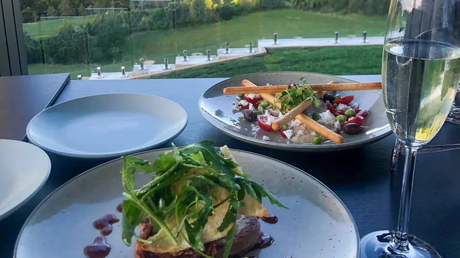 Plates of gourmet food and a glass of bubbles with a forest view in Taranaki