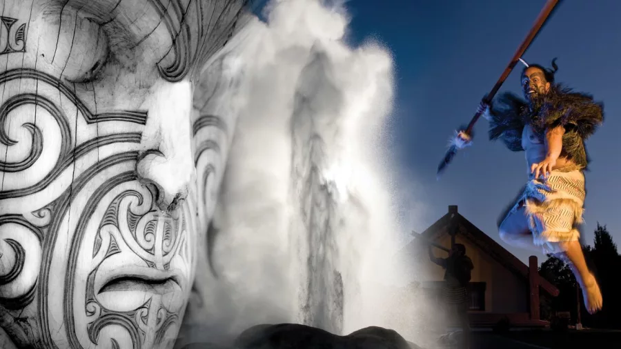 Māori cultural performance and traditional carved meeting house at Te Puia in Rotorua, New Zealand