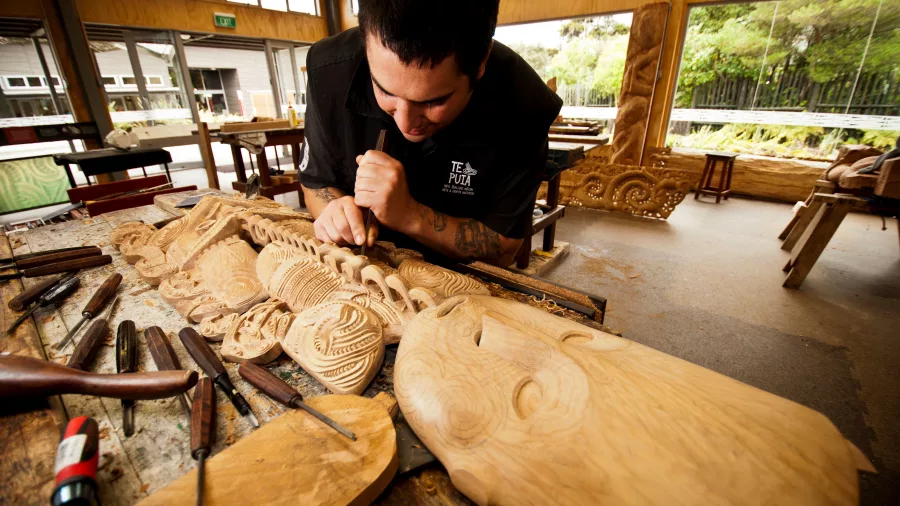 Aspiring Māori carver learning traditional techniques at the National Carving School, Te Puia, Rotorua