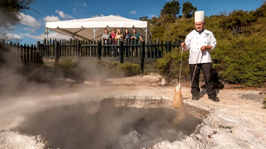 Traditional Māori cooking using geothermal steam at Te Puia, with food lowered into a steaming hot pool