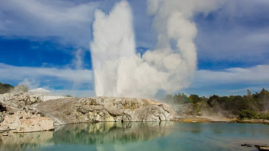 Pōhutu Geyser erupting in Te Puia geothermal valley, Rotorua, New Zealand