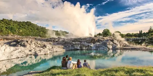 Steam rising from geothermal features in the Te Puia valley, with boardwalk access through a volcanic Rotorua landscape