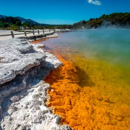 Steaming Champagne Pool with orange mineral edges at Wai-O-Tapu geothermal park in Rotorua
