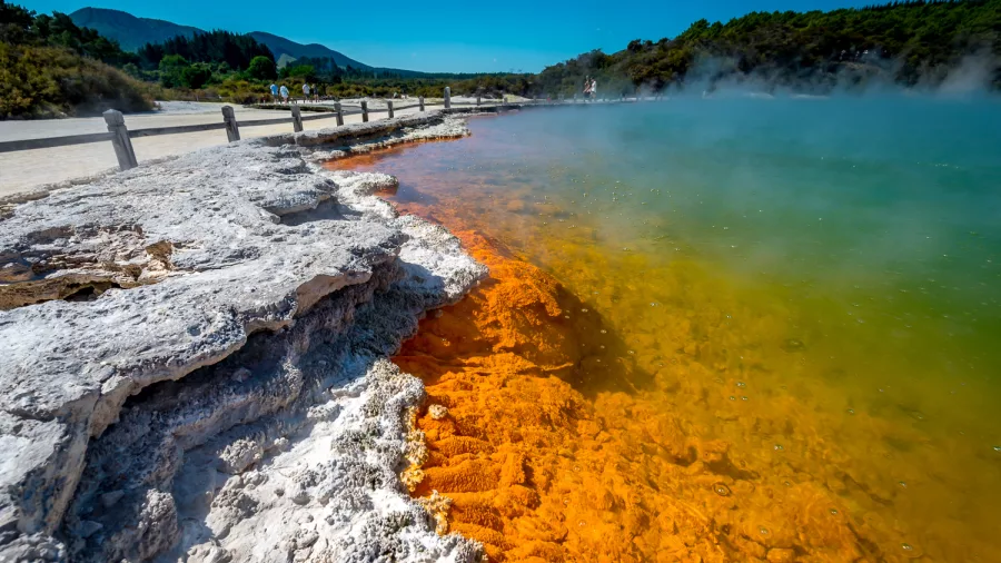 Steaming Champagne Pool with orange mineral edges at Wai-O-Tapu geothermal park in Rotorua