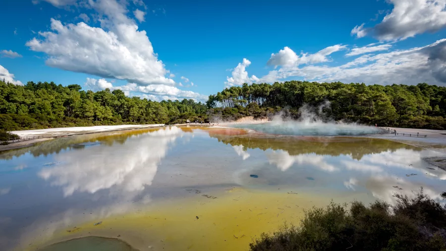 Artist’s Palette geothermal feature with colourful mineral deposits and steam at Waiotapu Thermal Wonderland, Rotorua