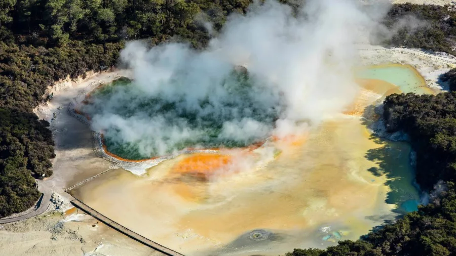 Steam rising from the colourful Champagne Pool at Wai-O-Tapu near Rotorua