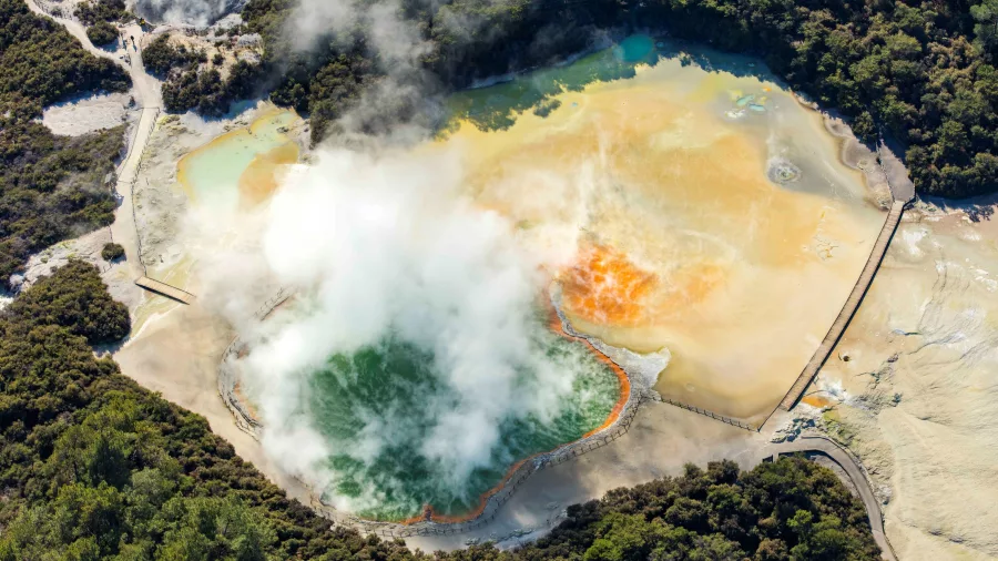 Top-down aerial of Champagne Pool in Wai-O-Tapu Thermal Wonderland, Rotorua