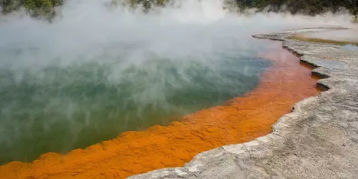 Wide view of Champagne Pool with thick steam and colourful mineral formations at Wai-O-Tapu near Rotorua